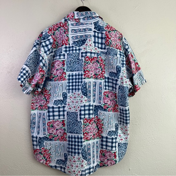 Vintage PennyLane Patchwork Look Button Front Short Sleeve Top Large Flawed - Picture 7 of 13
